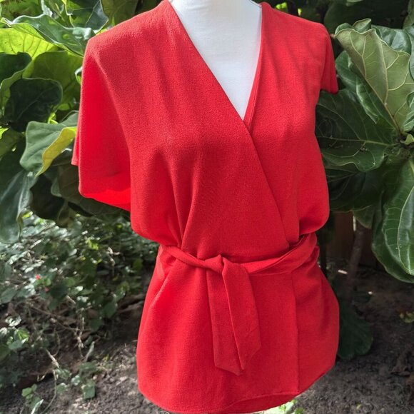Topshop Women's Red Wrap‎ Tie Waist Blouse Size 8 Career Office Feminine - Picture 5 of 8